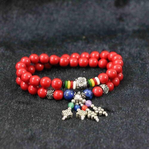 Fashion Synthetic Red Cinnabar 8mm Round Jewelry with Silver-color Spacer Beads Handmade Women Bracelet 18inch B970