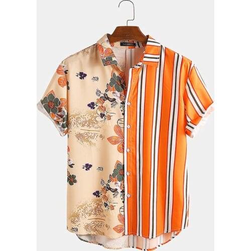 S-3XL England Style Mens Ethnic Printed Stand Collar Stripe Short Sleeve Loose Hawaiian Henley Shirt Fashion Shirt Tops