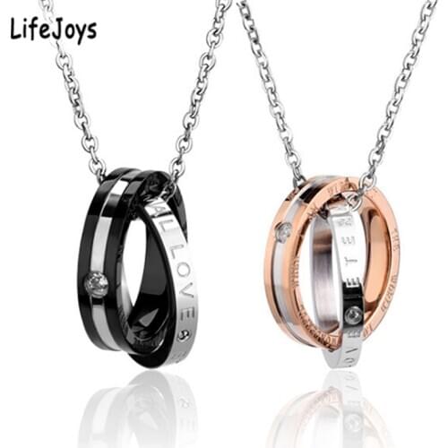 Interlocked Double Circle Pendant Couple Necklaces For Lovers Stainless Steel Matching Set Zircon Wedding Jewelry Valentines Day