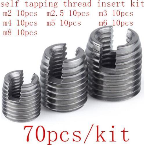 70pcs stainless steel self tapping thread insert kit, M2 m2.5 M3 M4 M5 M6 M8 Helical Insert Self Tapping Slotted Screw
