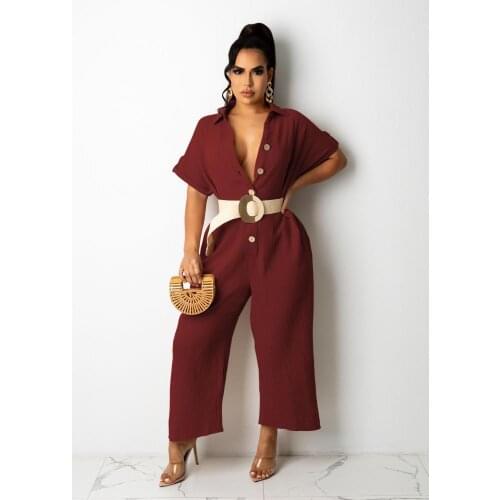 Turn Down Collar Casual Loose Jumpsuit Womens High Waist One Piece Overalls Ninth Pants Short Sleeve Button Romper with Pockets