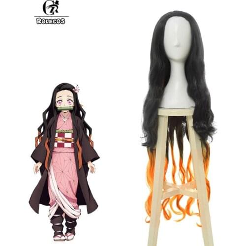 ROLECOS Demon Slayer Cosplay Wig Nezuko Kamado Cosplay Headwear Long Curly Hair Mixed Color Black and Orange Heat Resistant