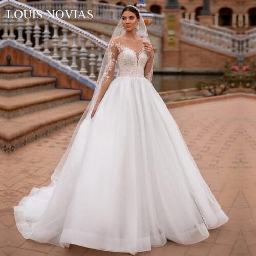 Louis Novias Sexy Exquisite Applique Embroidery V-neck Fantasy Long-Sleeved Button Romantic Wedding Dress Vestido De Noiva