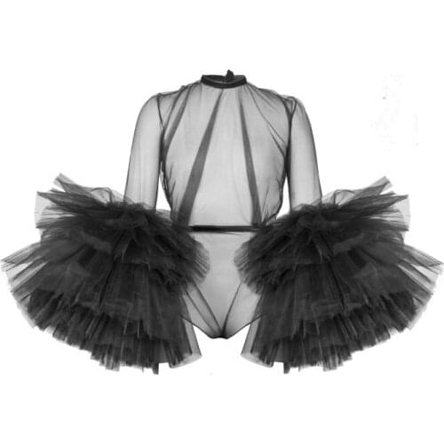 Sexy See Thru Black Women Jumpsuit 2020 With Puffy Full Sleeves Ruffles Tiered Tulle Rompers Womens