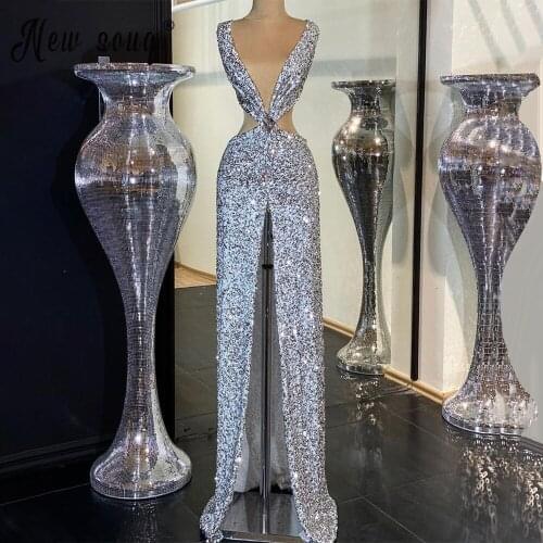 Sliver Full Sequins Evening Dress 2021 Sexy Deep V Neck Formal Prom Dresses Illusion Longue Robes For Party Vestidos De Fiesta