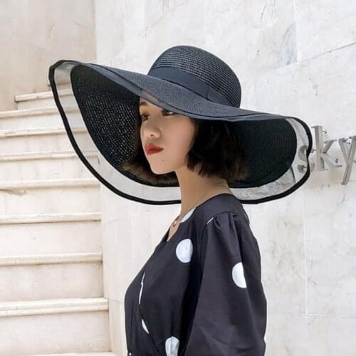 Summer Hepburn Style Vintage Design Yarn Straw Hat Solid Color Beach Holiday Beach Hat Big Brim 17CM Sun Hat For Women Sun Hat