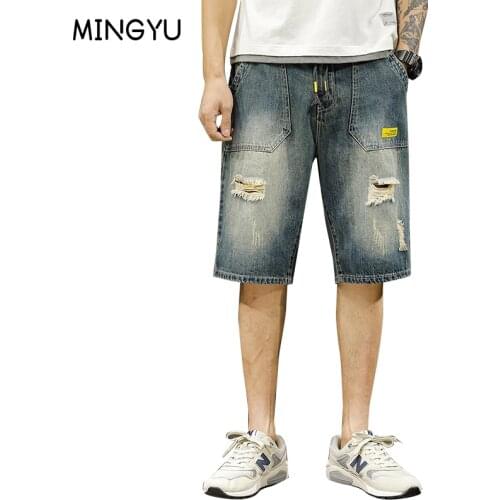 New Mens Denim Shorts Ripped Five Points Mens Casual Style Loose Fashion Mens Pants Summer Shorts Hot Pants Jeans