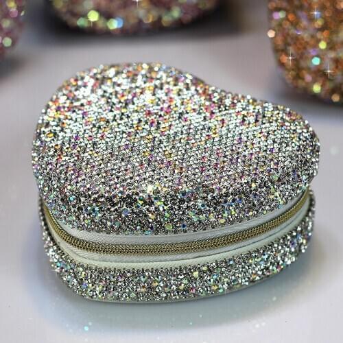 Love Heart Jewelry Box Diamond Makeup Mirror Debris Storage For Travel Portable Dressing Table Earrings Ring Organizer Display