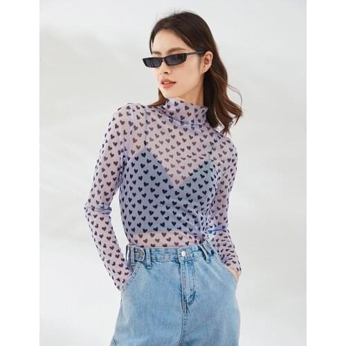New Spring Autumn Harajuku Sexy Elastic Purple Love Pattern Printed Mesh O-Neck Long Sleeve Fashion Pink White Female T-shirt