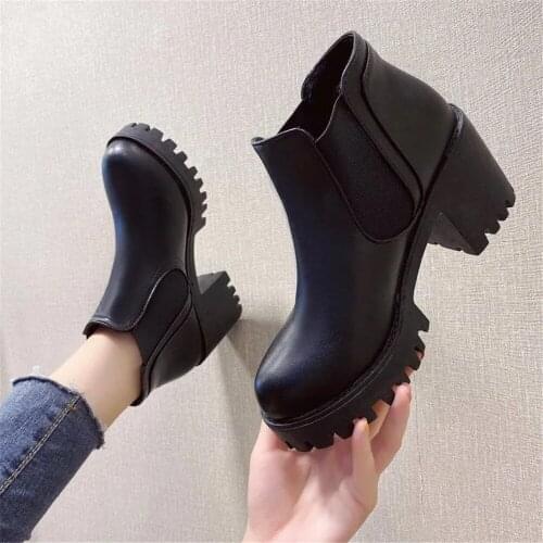 Botas Mujer Fashion Women Square Heel Ankle Boots Autumn Winter Platforms Zapatos Mujer PU Leather Slip On Pump Motorcycle Shoes