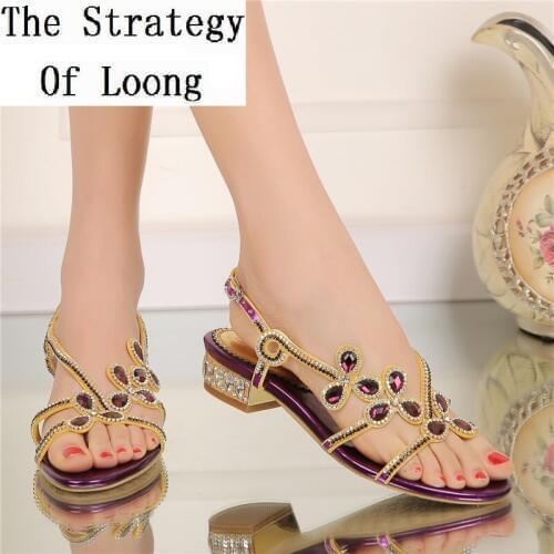 New Arrival Women Crystal Low Heel Plus Size Sandals Genuine Leather Lady Peep Toe Cut Out Big Size Summer Shoes 20180603