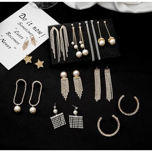 Shiny Crystal Simulated Pearl Long Tassel Earrings for Women Simple Gold Color Bling Geometric Statement Earrings Jewelry Gift