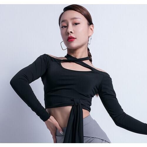 Latin Dance Tops Female Adult Rumba Dance Training Clothes Long Sleeve Gray/Black Shirt Latin Dance Competition Costumes VO158