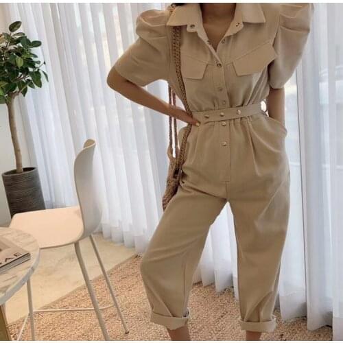 Womens jumpsuit 2021 new retro lapel puff sleeve short-sleeved single-breasted lace-up fashion jumpsuit women