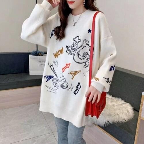 2021 autumn and winter new fashion embroidery loose knit mid-length round neck long sleeve knitted pullover sweater women