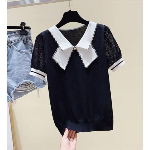 Summer Patchwork Bow Pearl Button Knitted Short Sleeve Pullovers Women Large Plus Size L-4XL Tops Thin Mesh Sleeve Sweater Woman