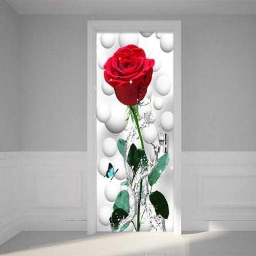 Red Rose Flower 3D Wall Mural PVC Waterproof Self-Adhesive Door Sticker Modern Living Room Bedroom Door Sticker Wallpaper Murals