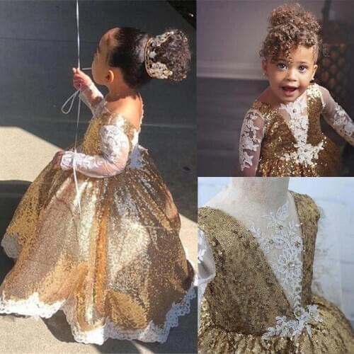 Gold Sequins White Lace Baby Girl 1st Birthday Party Dresses V-Neck Sheer Flower Girl Wedding Gowns Toddler Pageant Prom Wear