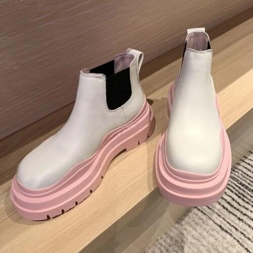 Ankle Chelsea Boots Shoes For Women Round Toe Chunky Platform Brand Design Pink Sole Motorcycle Boots Size 35-40