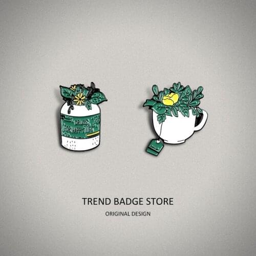 Green plants potted lapel pin coffee tea drink happy life small yellow flower gift brooch badge