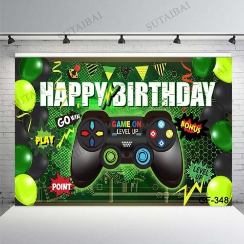 Photocall Green Balloon Gamepad Game on Level Up Play Boy Baby Birthday Party Photo Backdrop Photography Background Photo Studio