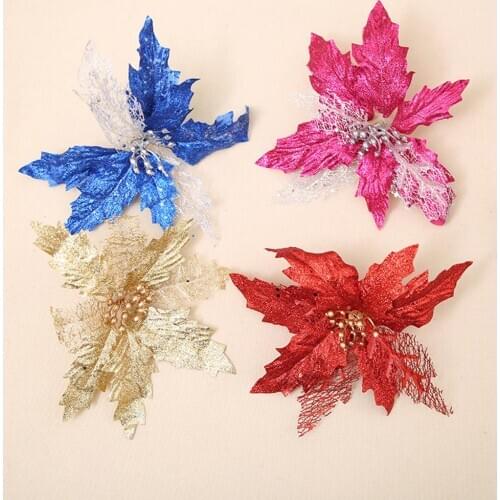 Artificial Christmas Flower Hollow Sequin Ornament Xmas Tree Garland Party Decoration Artificial Dried Flowers Home Office