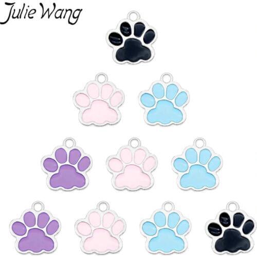 Julie Wang 8PCS Enamel Pet Paw Print Charm Dog Cat Paw Mark Alloy Necklace Bracelet Earring Jewelry Making Accessory