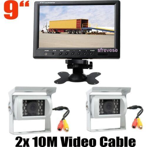 9" LCD Monitor Rear View Kit + 2x 18 LED IR Reversing Parking Backup Camera White for Bus Truck Motorhome