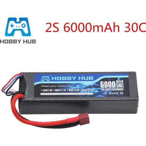 Hobby Hub 2S 7.4V 6000mAh 30C Max 60C Lipo Battery For RC Airplane Drone Helicopter Car 2S LiPo