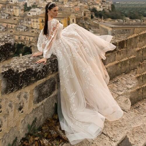 Lace Princess Puffy Sleeve Wedding Dresses 2020 Luxury Full Lace Appliques Ivory Bride Gowns Vestido De Noiva