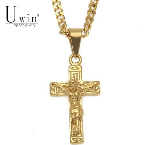 UWIN Crucifix Jesus Piece Pendant Gold Color Stainless Steel Men Cross Hip hop Pendant Necklace Cuban Chain Punk Jewelry Gift