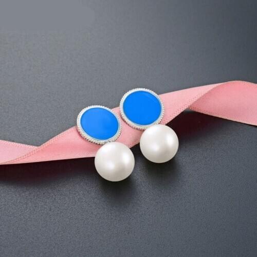 Fashion Round Blue Enamel Earring Freshwater Pearl Stud Earrings For Women Real 925 Sterling Silver Jewelry Gift Wholesale