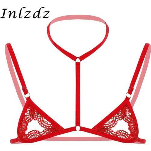 Mens Lingerie Sissy Bra Sheer Lace Erotic Sex Costume Halter Neck Adjustable Spaghetti Straps Wire-free Unlined Mini Bra Tops