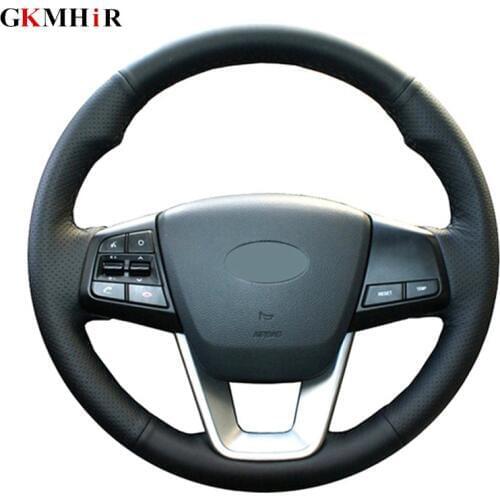 GKMHiR Soft Genuine Leather Black Car Steering Wheel Cover for Hyundai ix25 2014 -2018 Creta 2016 - 2018