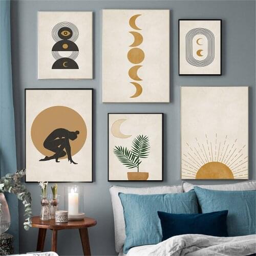 Sun Moon Wall Art Posters And Prints Women Figure Yoga Gesture Leaf Plant Canvas Painting Boho Pictures Living Room Home Decor