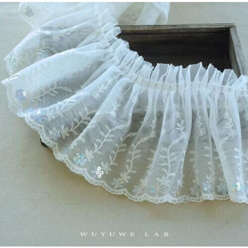 Delicate 1M Ivory Flower Sequins Pleated Lace Trims Soft Double Layer Mesh Fabric Applique Sewing Craft for Wedding Dec 17cm