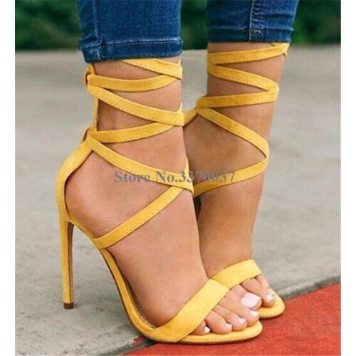 New Fashion Women Open Toe Suede Leather Stiletto Heel Gladiator Sandals Straps Cross High Heel Sandals Dress Heels Shoes