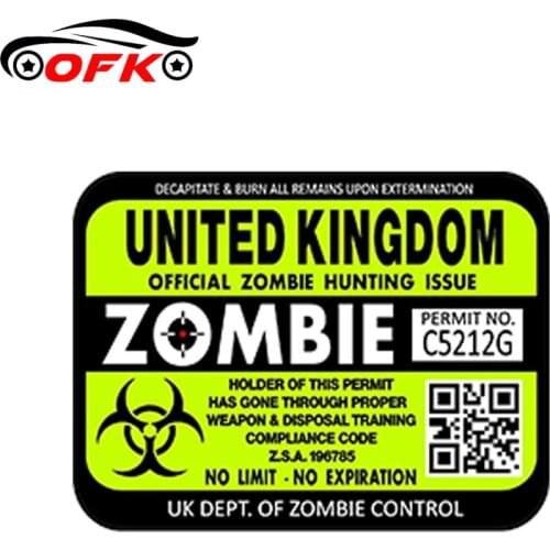 OFK 15cm X 10cm Car Styling United Kingdom Zombie Hunting License Permits Waterproof Car Sticker Bumper Trunk Accessories