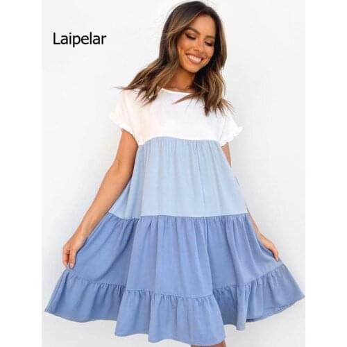 Summer Holiday 2021 Women o Neck Short Sleeve Color Patchwork Ruffles Basic Beach Dresses Vestido Sundress Street Wear
