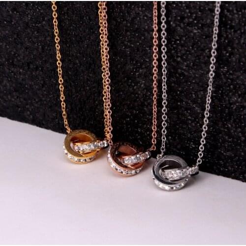 Stainless Steel Full Crystal Circle Pendants Necklace Lover Double Round Necklace Women Girl Wedding Jewelry Gift