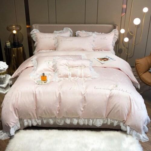 Luxury Pink Egyptian Cotton Princess Embroidery Bedding Set White Lace Ruffle Jacquard Duvet Cover Flat/Fitted Sheet Pillowcases