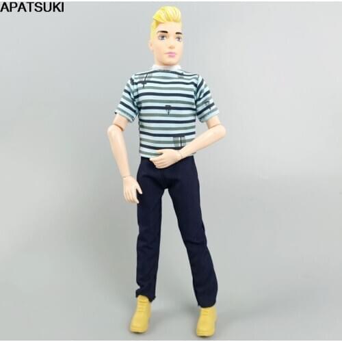 1Set Fashion Doll Clothes for Ken Boy Doll Blue Striped Shirt Pants Trousers for Barbies Boyfriend Ken Men Dolls Accessories