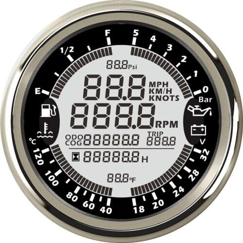 SAMDO 32V 5Bar 85mm 7 Backlight 6 in 1 GPS Speedometer Tachometer Hour Water Temp Fuel Level Oil Pressure Gauge IP68 Waterproof