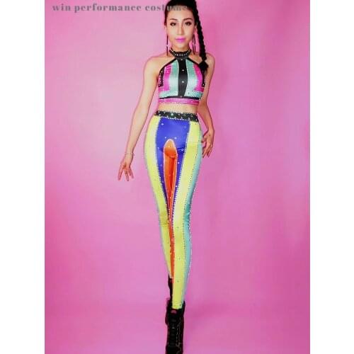 Sexy 2 Piece Set halterneck rainbow colorful pattern Sleeveness Crop Top Party Clothing Sets Outfit Women bar singer dance