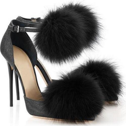 Fashion furry balls pointed toe high heel women pumps newest ankle buckle stiletto heels size 34 to 42party shoes wom