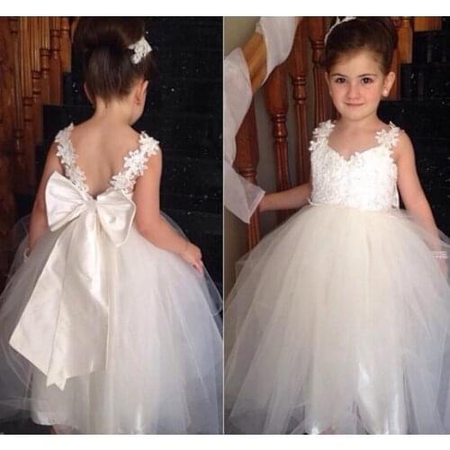 Tulle Princess Long Flower Girl Dresses Floor Length Lace Child Pageant Gowns Spaghetti Strap Bow Sash Backless First Communion