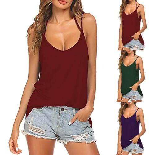 Women Summer Casual Loose Solid Color T-shirt Camisoles Sexy Backless Spaghetti Strap Round Neck Vest Fashion Female Tank Top