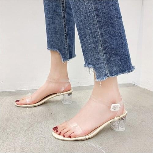 Hasp Women Shoe Transparent Womens Sandals 2021 NEW Medium Heel Shoes Heel 5cm Crystal Womens Footwear Summer Sexy Woman Shoe
