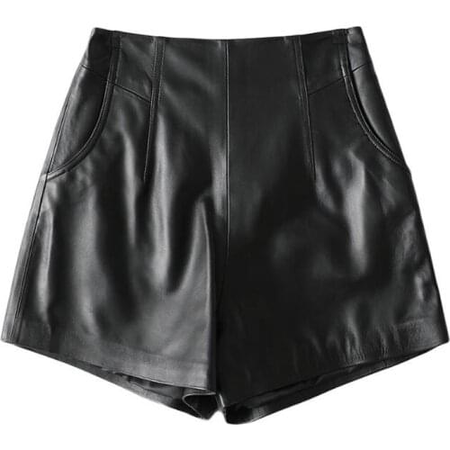 Womens High Waisted Real Leather Shorts with Pockets Wide Leg Shorts 100% Genuine Sheepskin&Lambskin Leather