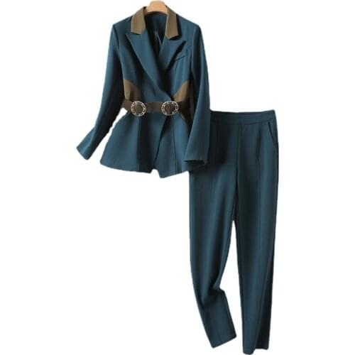 New Women Blazer Two Piece Sets Long Sleeve Leather Belt Coat Tops Straight Leg Pants Office Suit Formal Two Piece Pants Set